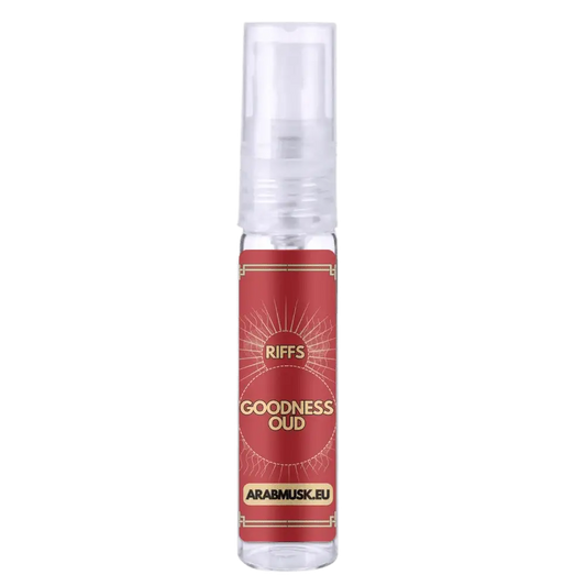 Een heldere glazen sprayfles met een rood label en gouden zonnestraalontwerp van riffs goodness oud eau de parfum 100 ml