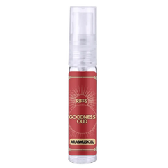 Een heldere glazen sprayfles met een rood label en gouden zonnestraalontwerp van riffs goodness oud eau de parfum 100 ml