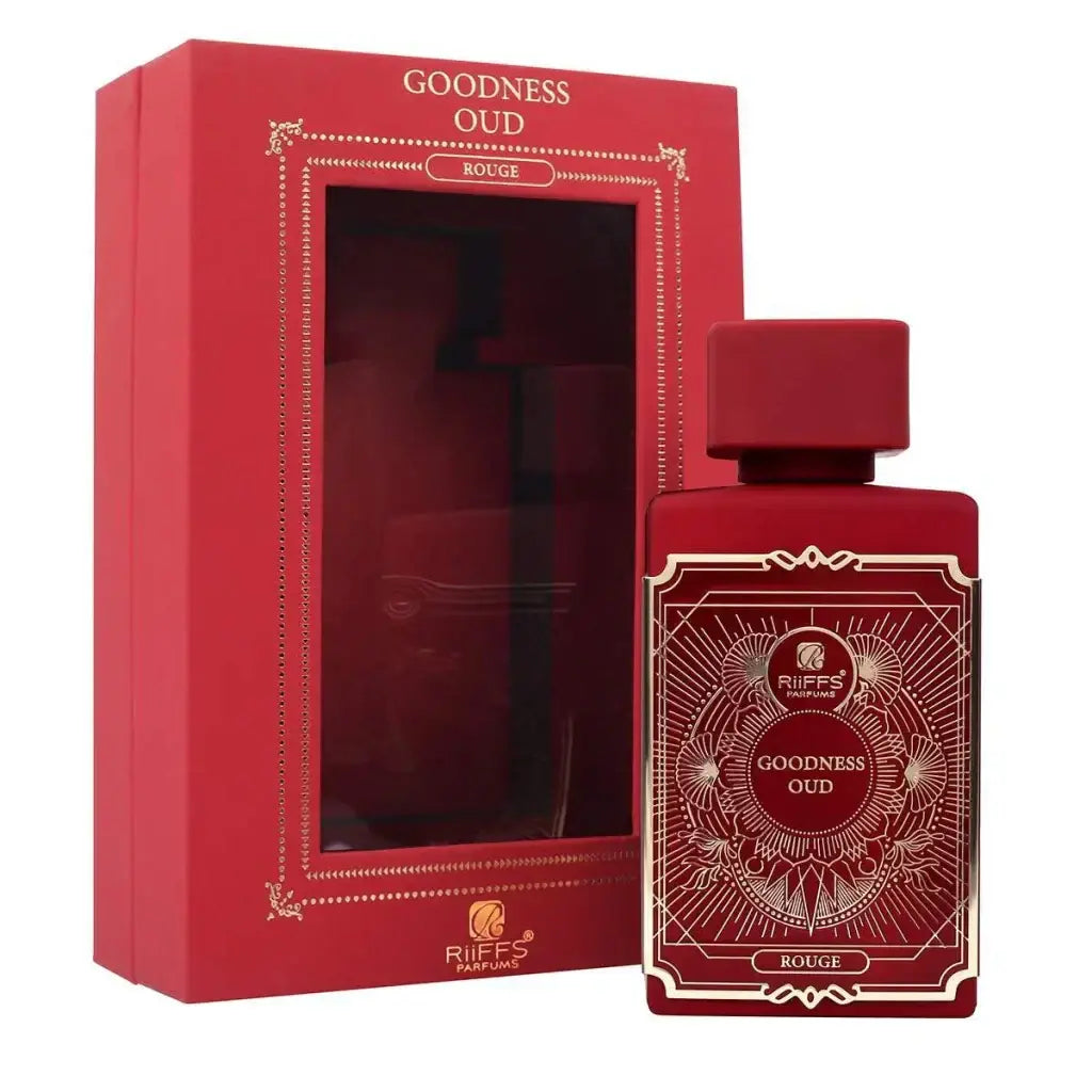 Rode rechthoekige parfumfles met goudgegoten ornamenten en goodness oud rouge label in bijpassende rode geschenkdoos