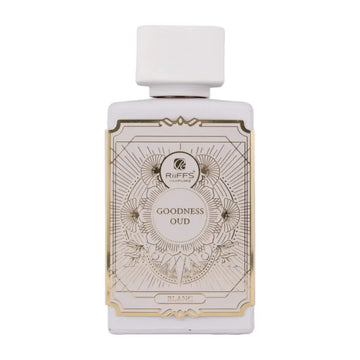 Witte rechthoekige parfumfles riiffs goodness oud edp 100 ml met gouden rand en gedetailleerde lijntekeningen