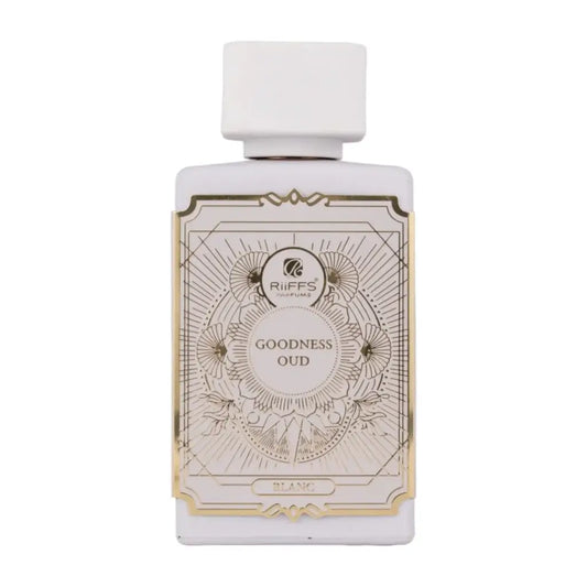 Witte rechthoekige parfumfles riiffs goodness oud edp 100 ml met gouden rand en gedetailleerde lijntekeningen