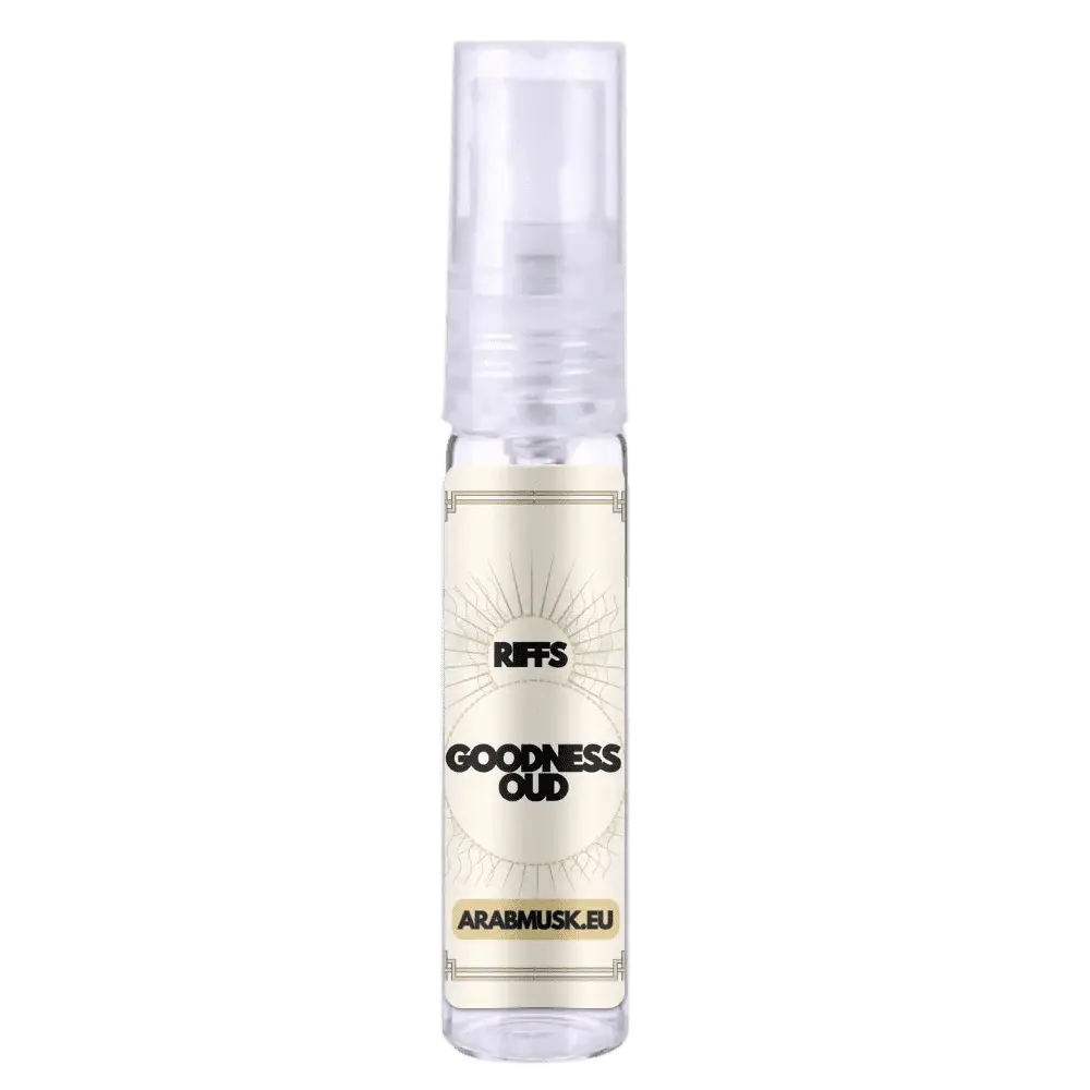 Clear glass spray bottle with white label black text gold accents brand riffs product goodness oud white edp 100 ml