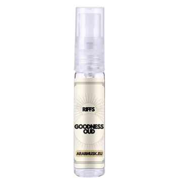 Clear glass spray bottle with white label black text gold accents brand riffs product goodness oud white edp 100 ml