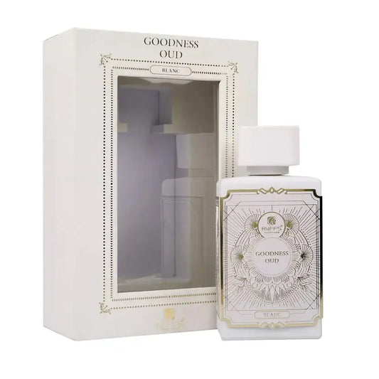 Witte rechthoekige parfumfles riiffs goodness oud blanc met goudkleurig reliëflabel en witte dop edp 100 ml