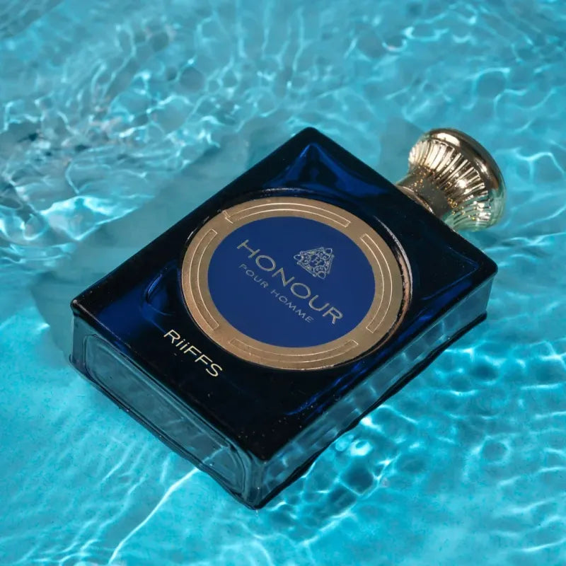 Darkblauwe Riiffs Honour Edp fles met gouden top en label, 100 ml