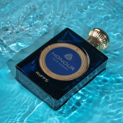 Darkblauwe Riiffs Honour Edp fles met gouden top en label, 100 ml