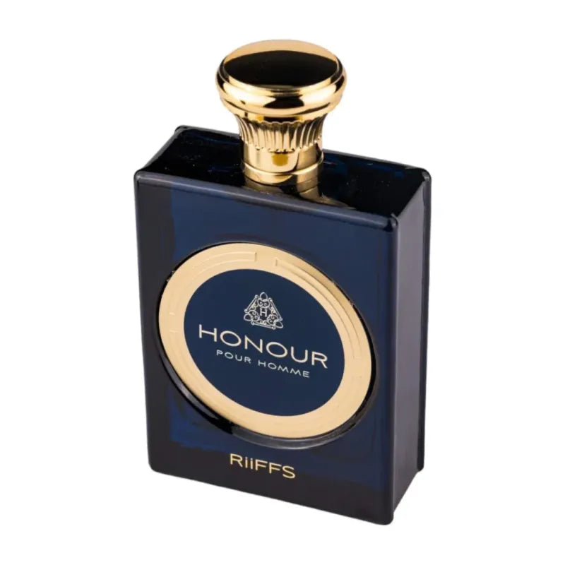Dark blauwe Riiffs Honour Edp fles met gouden dop en label voor elegante geur