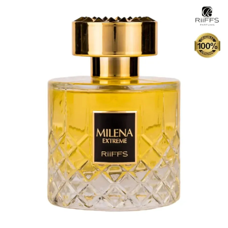Gouden parfumfles met getextureerde glazen basis en gouden dop voor Riiffs Milena Edp
