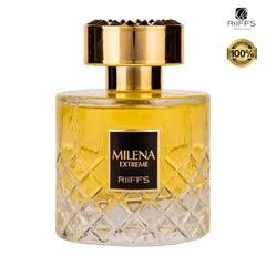 Gouden parfumfles met getextureerde glazen basis en gouden dop voor Riiffs Milena Edp