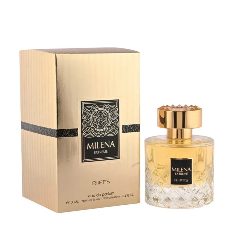 Goldkleurige parfumfles en doos set voor Riiffs Milena Edp 100 Ml, Arabische parfum