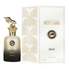 Alt tekst voor Riiffs Montano Brave Edp: goud-zwarte flacon met stierenkap en bijpassende doos