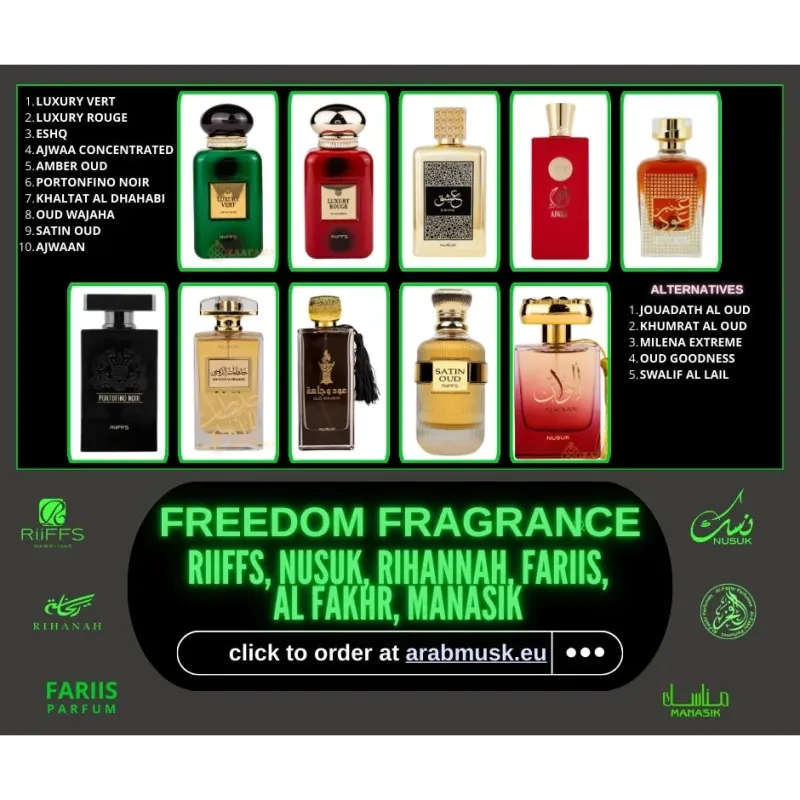 Advertentie voor luxe parfumflessen van Freedom Fragrance in Nusuk Sampleset Uniseks