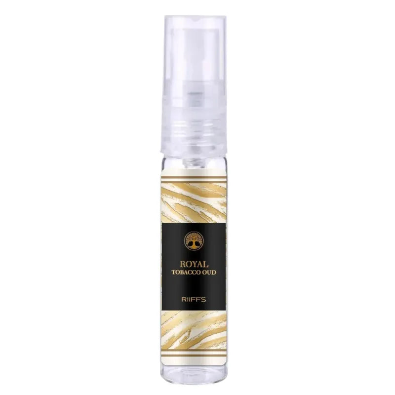Glas parfumflesje met zwart-goud zebra patroon voor Riiffs Royal Tabacco Oud Edp