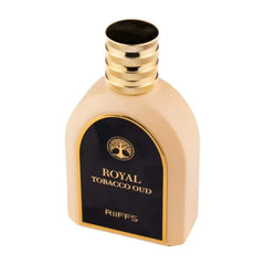 Light bruin parfumflesje met zwart-goud label en gouden dop voor Riiffs Royal Tabacco Oud