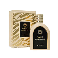 Fles Royal Tobacco Oud parfum en doos van Riiffs Royal Tabacco Oud Edp 100 Ml
