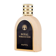Elegante gouden en zwarte parfumfles met textuurkap voor Riiffs Royal Tabacco Oud Edp