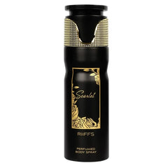 Black en goud Riiffs Scarlet Deodorant body spray met decoratieve label voor langdurige frisheid