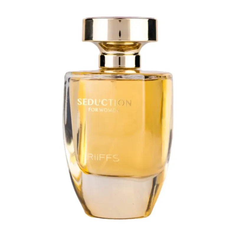 Goldkleurige Riiffs Seduction Edp parfumfles met metalen dop voor vrouwen