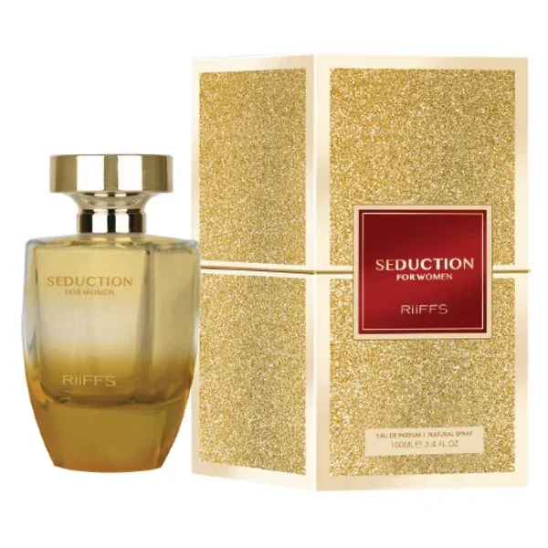 Goldkleurige Riiffs Seduction Edp fles en glitterende doos voor vrouwen