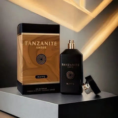 Zwarte en gouden parfumfles en bijpassend doosje voor Riiffs Tanzanite Amber Edp