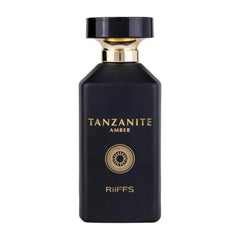 Dark rechthoekige parfumfles met gouden hals en zwarte dop voor Riiffs Tanzanite Amber Edp