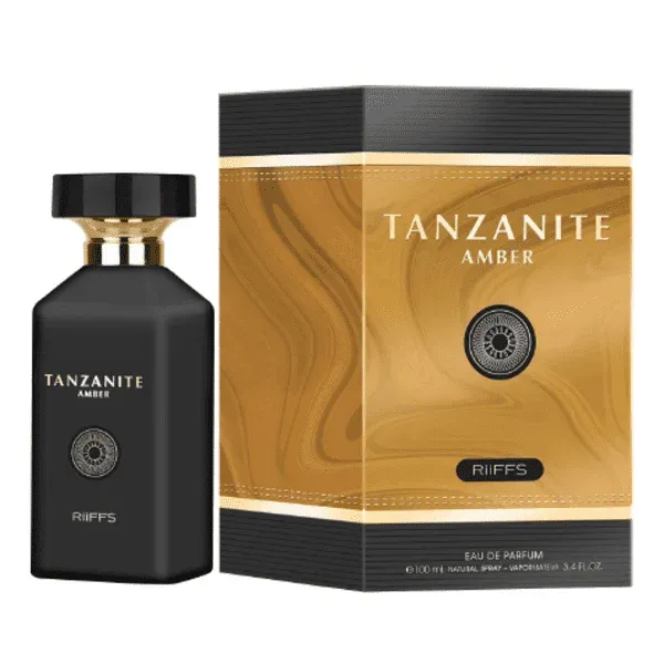Zwart parfumfles met gouden dop en doos voor Riiffs Tanzanite Amber Edp 100 Ml