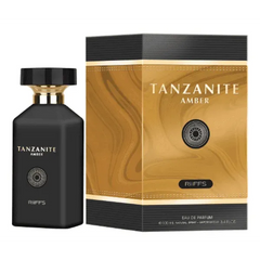 Zwart parfumfles met gouden dop en doos voor Riiffs Tanzanite Amber Edp 100 Ml