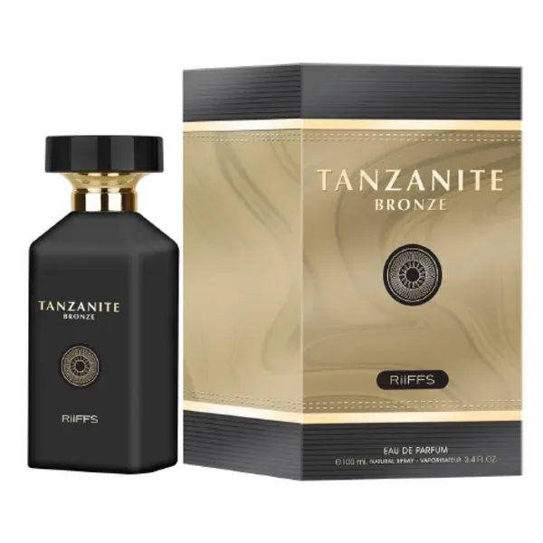 Zwart en goud parfumfles en bijpassende doos voor Riiffs Tanzanite Bronze Edp