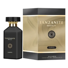 Zwart en goud parfumfles en bijpassende doos voor Riiffs Tanzanite Bronze Edp