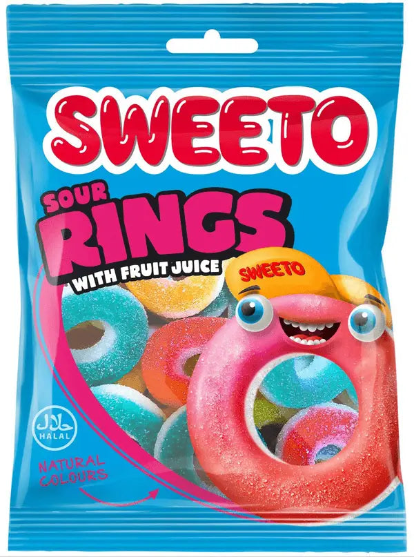 Een blauwe plastic zak rings snoep 80g halal met kleurrijke zure fruitgummy ringen en een cartoonfiguur erop