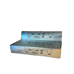 Zilveren en gouden metalen doos met 24 mini Robot for Men EDP 35 ml flessen, robot-etiketten met printplaatdesign