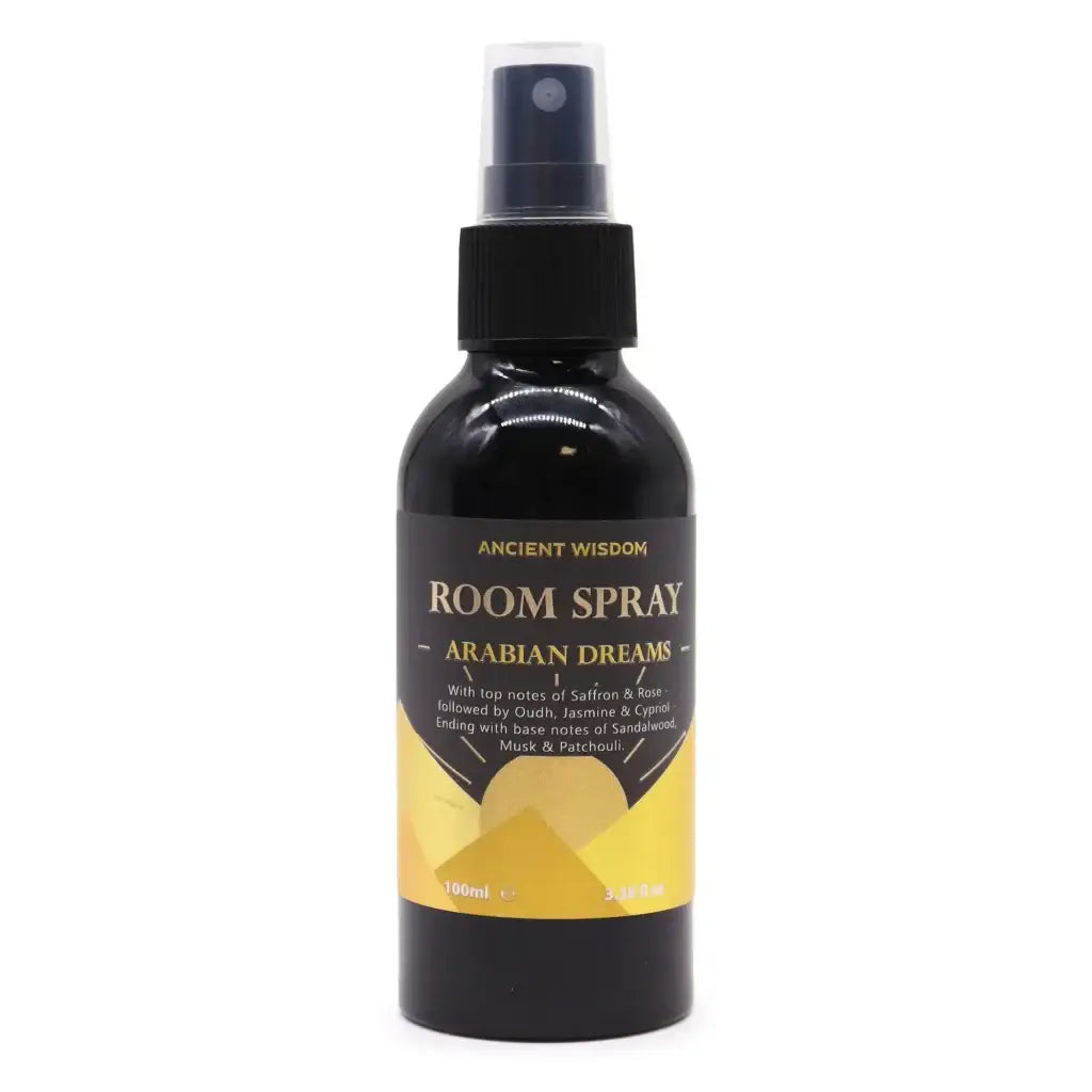 Zwarte glazen fles met zwarte spraydop en gouden label van ancient wisdom room spray arabian dreams