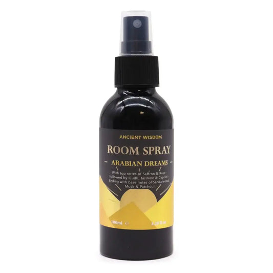 Zwarte glazen fles met zwarte spraydop en gouden label van ancient wisdom room spray arabian dreams