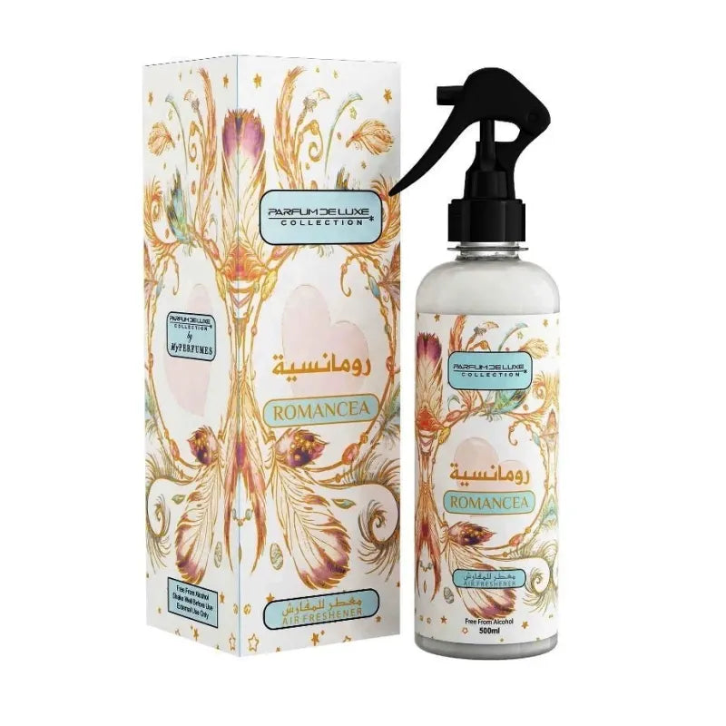 Decoratieve roomspray Romancea met gouden bloemen op fles en verpakking