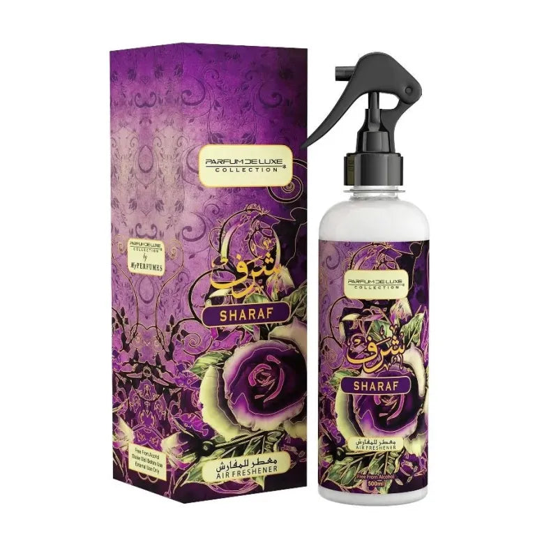 Paarse geur spray Roomspray Sharaf in luxe verpakking met heerlijke frisse geur