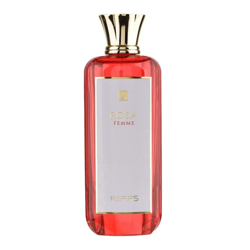Rosa Femme arabische parfum met rode fles en gouden dop, El-Nabil parfumolie musc