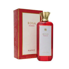 Rosa Femme Arabische parfum met rode en gouden fles en bijpassende doos