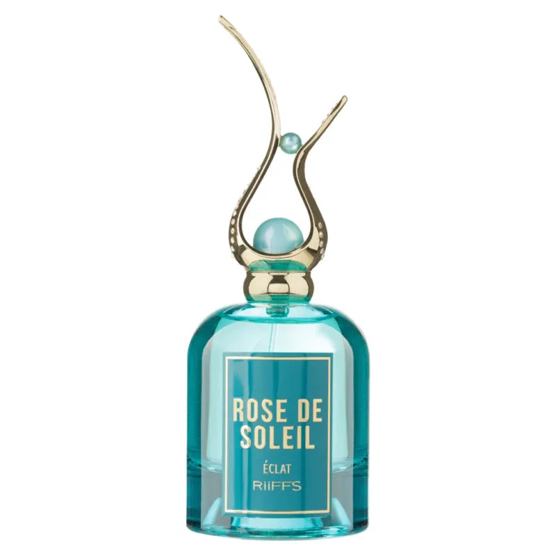 Arabische parfum Rose de Soleil Eclat met blauwe fles en goud-teal dop
