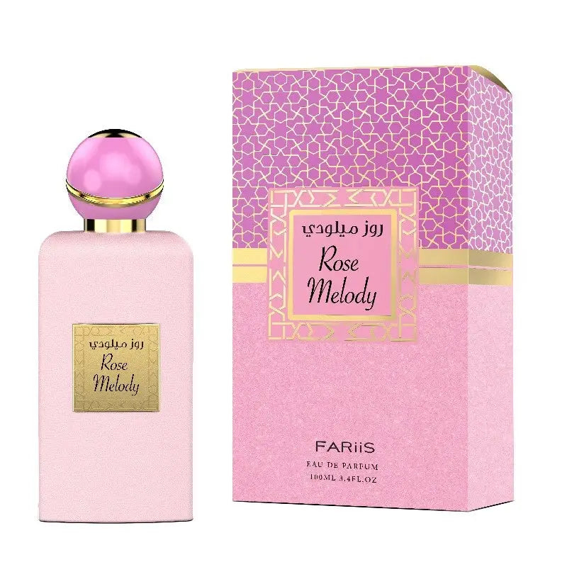 Roze rechthoekige parfumfles rose melody edp van fariis met glanzende roze bolle dop en gouden accenten