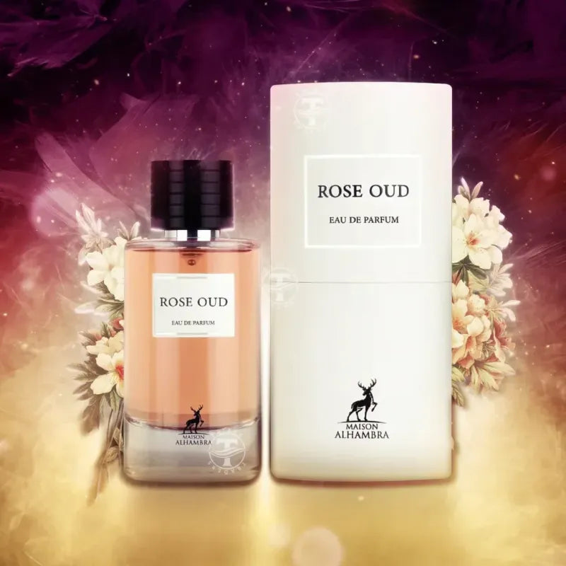 Rose Oud al Hambra Edp parfumflacon met witte verpakking en antilope-logo