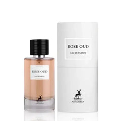 Roze-gouden parfumfles van Rose Oud Al Hambra EDP met witte verpakking