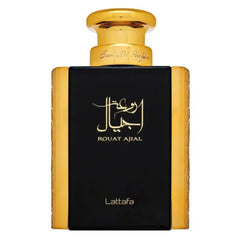 Elegante zwarte parfumbottle met gouden accenten en gouden dop met de naam rouat ajial in arabisch schrift