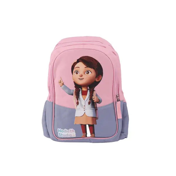 Roze en lavendel twee kleuren rugzak met cartoonmeisje met gevlochten haar van hadieth studio