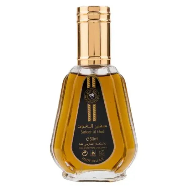 Teardrop-shaped Glass Bottle with Golden Liquid for Safeer al Oud Parfumspray 50 ML