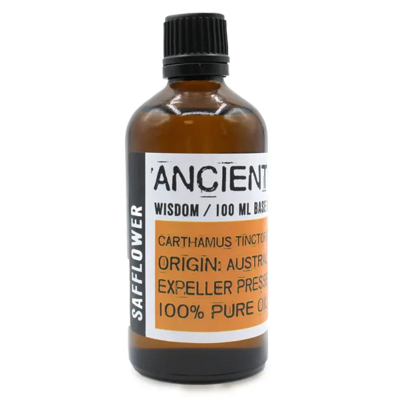 Bruine glazen fles met Carthamus tinctuur en Ancient Wisdom label voor Saffloerolie