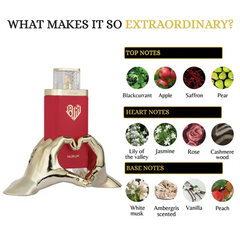 Saher Nusuk arabische parfum met rode fles en gouden hartstand met top, hart en basisnoten