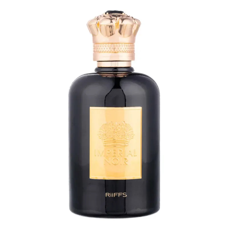 Zwart parfumflesje met gouden kroonkap en label voor Salepify Impérial Noir parfum