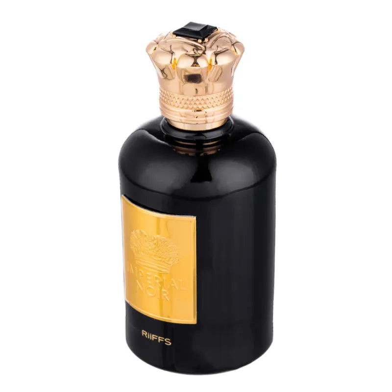 Zwarte parfumfles met gouden kroondop en label voor Salepify Impérial Noir parfum