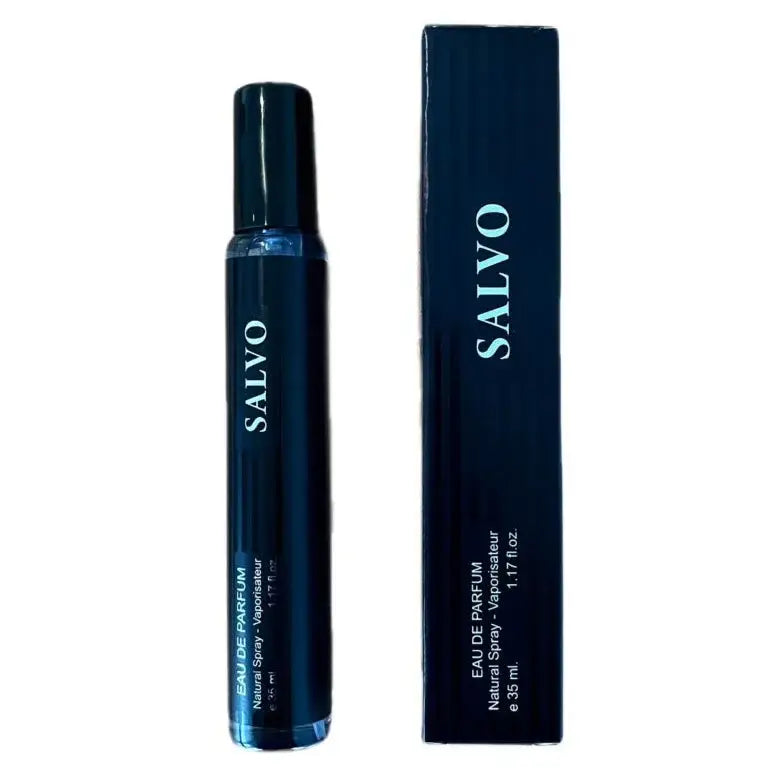 Salvo 35 ml eau de parfum in een strak donkerblauw glazen flesje met zwarte dop en bijpassende doos