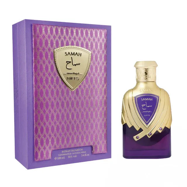Purple en goud parfumfles en doos voor Samah Amethyst met focus op Samah Ruby Nusuk